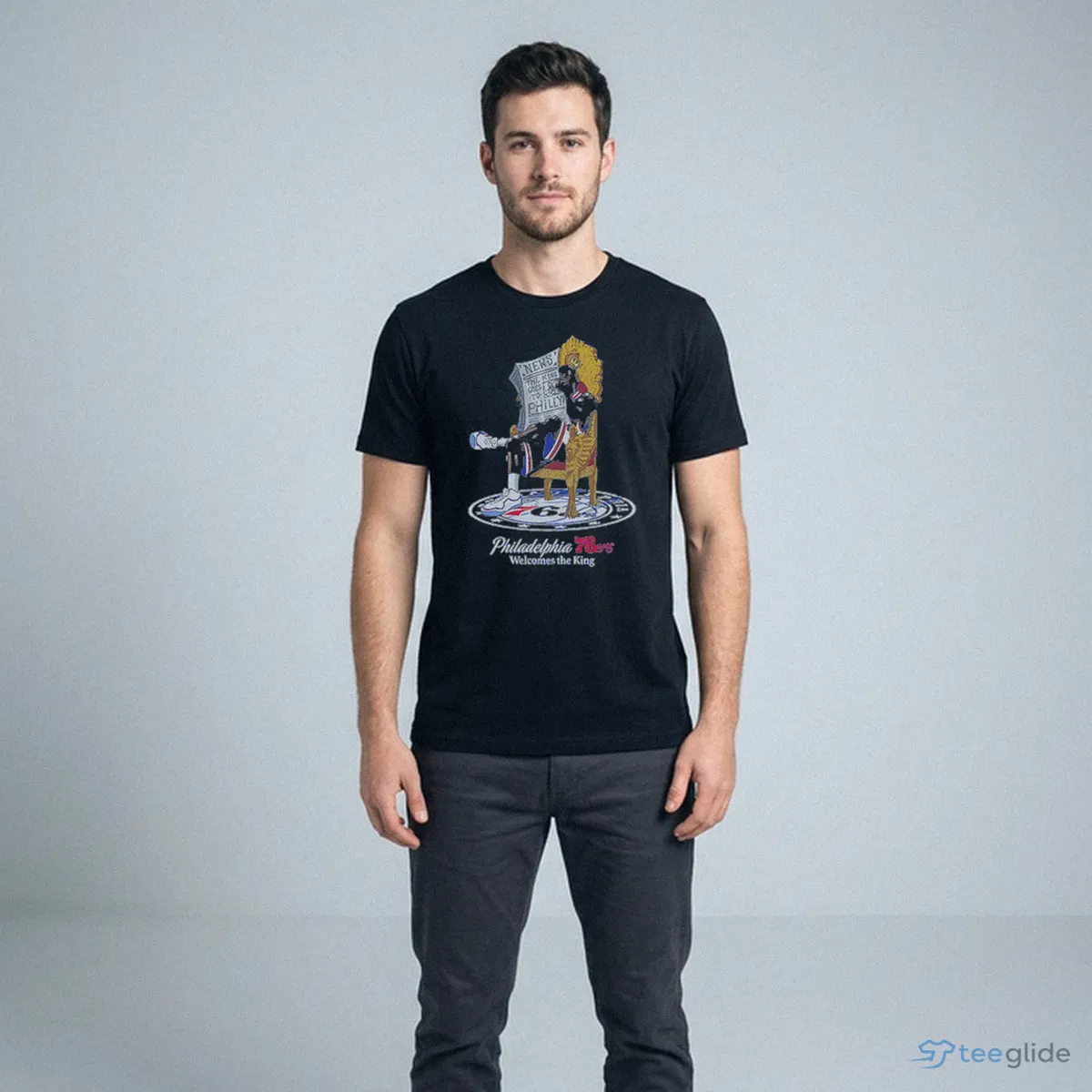 LeBron James Philadelphia 76ers Mitchell & Ness Caricature Welcomes The King Shirt 8 LeBron James Philadelphia 76ers Mitchell & Ness Caricature Welcomes The King Shirt - Available at teeglide