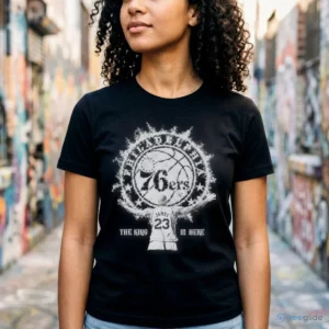 LeBron James Philadelphia 76ers Mitchell & Ness Witness The King Is Here Shirt 1 lebron james philadelphia 76ers mitchell ness witness the king is here shirt 2