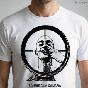 sonrie a la camara spanish smile for the camera sniper scope target bald man graphic shirt 1
