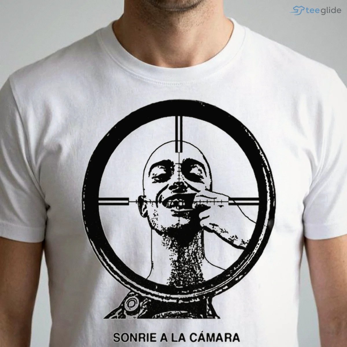 sonrie a la camara spanish smile for the camera sniper scope target bald man graphic shirt 1 sonrie a la camara spanish smile for the camera sniper scope target bald man graphic shirt 1